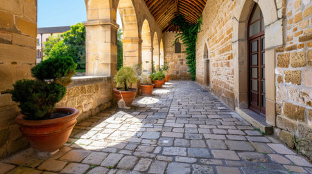 A charming stone corridor featuring elegant arches and potted plants, illuminated by warm natural light. This serene space invites exploration and contemplation.の素材