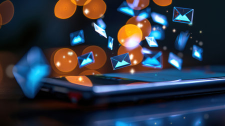 A vibrant smartphone showing incoming messages represented by colorful icons with a bokeh light effect, capturing the essence of modern communication.の素材