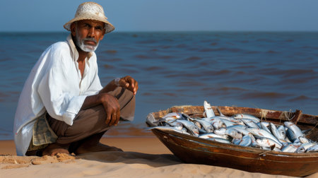 A seasoned fisherman sits on the beach next to his wooden boat laden with freshly caught fish, embodying the essence of coastal livelihood and tradition.の素材