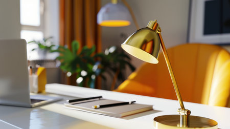 A stylish office workspace featuring a sleek gold desk lamp, modern furniture, and vibrant decor, perfect for enhancing productivity and creativity.の素材