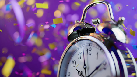 A classic alarm clock stands prominently against a vibrant purple backdrop, surrounded by an explosion of colorful confetti, symbolizing celebration and joy.の素材