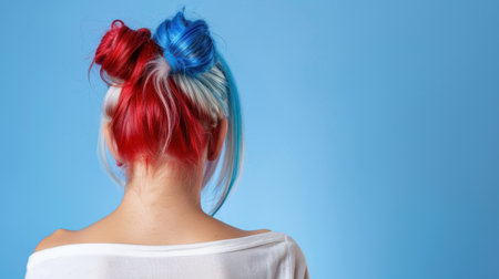 A young woman showcases her unique hairstyle featuring vibrant red, blue, and white colors on a solid background, exuding confidence and creativity.の素材