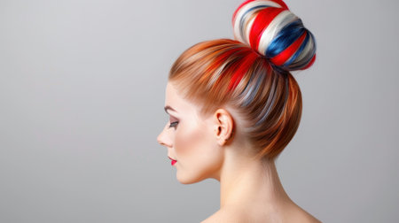 This captivating image showcases a woman in profile with a stylish updo featuring vibrant multicolored hair. The minimalist background enhances her elegance and modern aesthetic, making it ideal for beauty, fashion, and hairstyle concepts.の素材