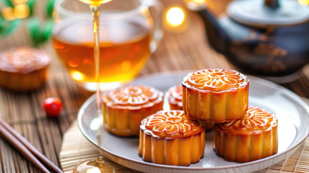 An inviting scene featuring beautifully crafted mooncakes with a golden glaze, paired with herbal tea in a cozy setting. Perfect for festive gatherings.の素材