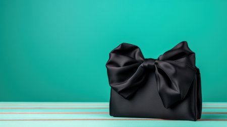 This stunning image features an elegant black handbag adorned with a large satin bow, set against a bright turquoise background, perfect for fashion promotion.の素材