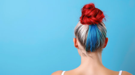 A striking back view of a woman's hair styled in a bun, featuring vibrant red and blue highlights against a soft blue background, epitomizing modern beauty trends.の素材