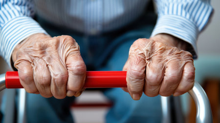 This image captures a close-up view of elderly hands gripping the handle of a walker, symbolizing strength and resilience. The textures of the skin and the focus on mobility highlight the challenges and determination faced in everyday life.の素材