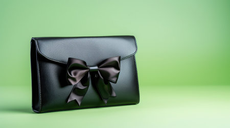 This image features an elegant black clutch bag adorned with a satin bow, set against a soft green background. Perfect for fashion photography.の素材