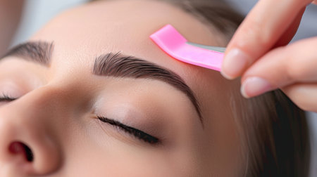 This close-up image captures the intimate moment of eyebrow grooming with a pink tool on a woman's face, showcasing smooth skin and serene expressions.の素材