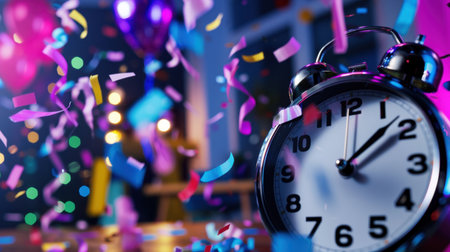 A vibrant scene of a festive New Year celebration featuring a classic alarm clock amidst colorful confetti and playful decorations, capturing moments of joy.の素材