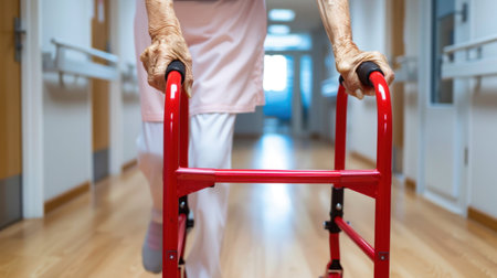 A senior individual navigates a hospital corridor using a red walker, illustrating the importance of mobility aids for rehabilitation and independence in healthcare settings.の素材