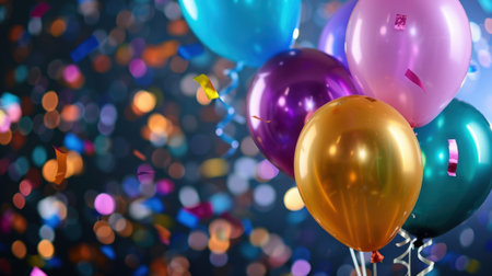 A vibrant display of colorful balloons set against a blurred background filled with confetti and shimmering lights, evoking feelings of joy and celebration.の素材
