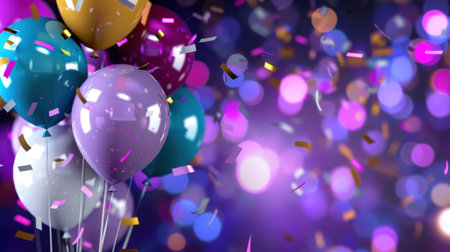 A vibrant composition featuring colorful balloons and scattered confetti against a bright, energetic background, perfect for celebrations and festive occasions.の素材