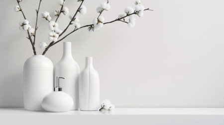 A serene composition featuring elegant white vases alongside delicate cotton branches, perfect for minimalist interior design. Ideal for decor inspiration.の素材