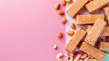 A captivating closeup of nutty confection bars with oats, placed on a delicate pink background. Ideal for showcasing delicious snacks and desserts.の素材