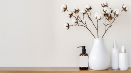 A serene display featuring cotton flowers in a sleek vase alongside minimalist skincare products on a wooden shelf. Ideal for beauty and wellness themes.の素材