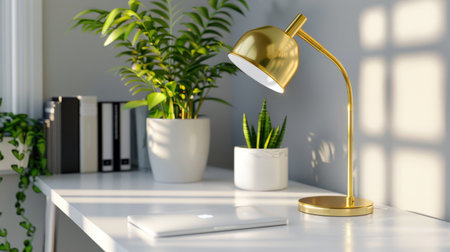 A modern workspace featuring a sleek gold lamp illuminating a bright desk with a laptop and elegant plants, creating an inviting and stylish atmosphere.の素材