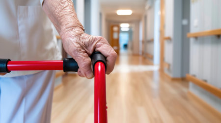 A close-up of an elderly hand gripping a red walker, showcasing mobility aid in a well-lit healthcare facility hallway. Emphasizing support and independence.の素材