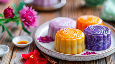 A visually stunning display of colorful mooncakes on a plate, paired with vibrant flowers, captures the essence of traditional Asian celebrations in soft lighting.の素材