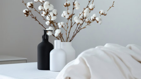 This elegant still life features cotton flowers in sleek vases, creating a serene minimalist aesthetic. Perfect for inspiring modern interior design decor ideas.の素材