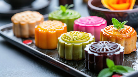 A beautifully arranged selection of colorful mooncakes displayed on a decorative tray, perfect for celebrating cultural festivals and sharing joyful moments.の素材