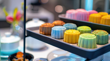 An enticing array of colorful mooncakes neatly arranged on a stylish tray, perfect for festive gatherings in a modern cafe environment.の素材