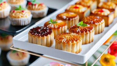 A stunning array of mooncakes and delightful sweet treats arranged elegantly on a modern dessert platter, perfect for festive celebrations.の素材