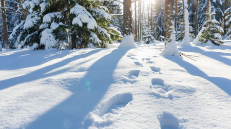 Experience a serene winter forest scene with fresh snow covering the ground, revealing footprints leading through tall trees bathed in soft sunlight.の素材