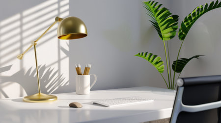 A modern workspace featuring a stylish desk lamp and vibrant green plant placed on a white table enhances productivity and creativity in a bright environment.の素材