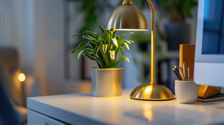 A serene workspace featuring a stylish desk lamp casting a warm glow, a vibrant green plant, and neatly arranged office accessories, creating a cozy atmosphere.の素材