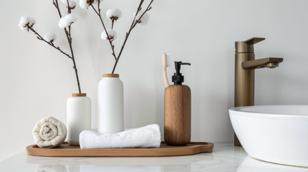 This stylish bathroom scene features a blend of natural materials, including cotton stems, wooden accessories, and elegant ceramic elements, creating a calming and minimalist atmosphere.の素材