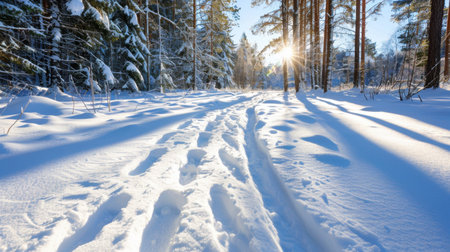 A serene winter landscape featuring fresh snow with visible footprints winding through a tranquil forest, illuminated by bright sunlight filtering through trees.の素材