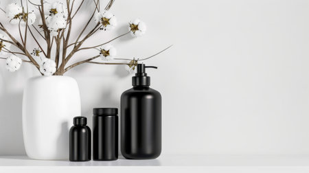 A serene minimalist arrangement featuring black bottles alongside a white vase, complemented by delicate twigs and white flowers. Perfect for beauty or decor.の素材