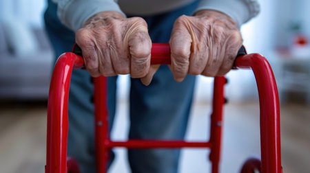 This close-up image highlights an elderly person gripping a bright red walker, symbolizing independence and mobility in a cozy living space.の素材