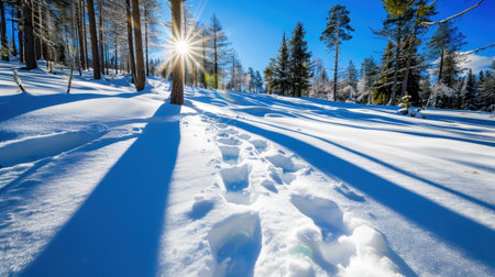 A beautiful winter landscape capturing a tranquil snow-covered ground with footprints leading through evergreen trees, illuminated by bright sunlight.の素材