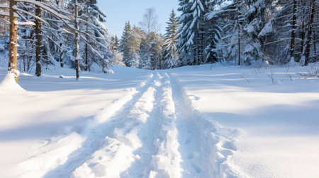 Captivating snowy winter landscape featuring a secluded forest path marked by footprints. The clear blue sky enhances the tranquility and beauty of nature.の素材
