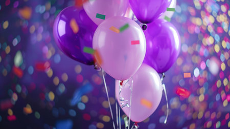 This vibrant image features purple balloons surrounded by colorful confetti, perfect for capturing the spirit of joyful celebrations and festive events.の素材