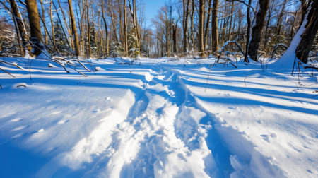 A stunning winter scene showcasing a snow-covered pathway winding through a tranquil forest. The blue sky and sunlight create a serene atmosphere ideal for winter exploration.の素材