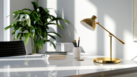 A chic modern workspace featuring a sleek desk lamp and lush indoor plant, bathed in soft natural light, creating a serene and inviting atmosphere.の素材