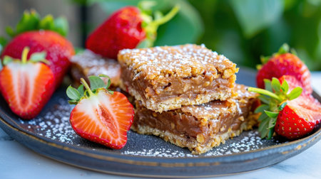 Enjoy a visually stunning plate of homemade dessert bars topped with chocolates and accompanied by fresh strawberries, perfect for any summer gathering.の素材