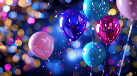 A stunning display of colorful balloons surrounded by vibrant confetti creates a joyful atmosphere ideal for parties and celebrations, evoking happiness and excitement.の素材