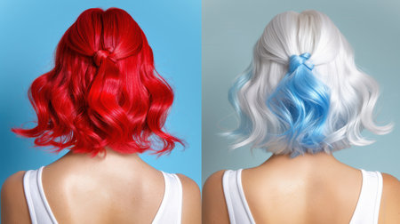 This image features a striking hair color transformation with a vibrant red and elegant white hairstyle accented by blue tips. Perfect for fashion inspiration.の素材