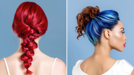 A captivating image showcasing two unique hairstyles featuring vibrant red and blue colors, perfect for hairstylists or beauty enthusiasts seeking inspiration.の素材