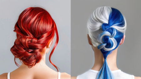 This image showcases two stunning hairstyles featuring vibrant red and blue tones, emphasizing creativity and beauty in hairstyling, perfect for modern fashion.の素材