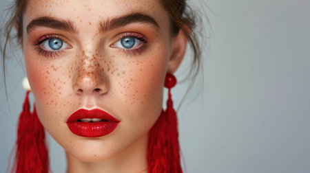 Stunning close-up portrait showcasing a woman with striking blue eyes, bold red lips, and freckled skin, accentuated by vibrant earrings against a soft gray backdrop.の素材