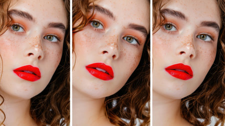 This captivating beauty portrait showcases a young woman with striking freckles, bold red lips, and luscious curly hair, displaying three engaging expressions.の素材