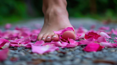 A close-up view of a bare foot stepping on vibrant rose petals over smooth stones, creating a serene atmosphere in a lush garden setting.の素材