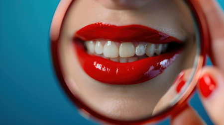 This striking close-up image captures glossy red lips reflected in a magnifying glass, showcasing beauty with vibrant colors and luxurious details.の素材