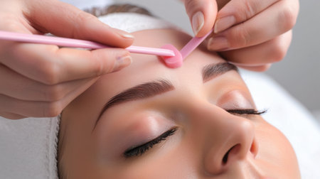 A skilled esthetician shapes and grooms eyebrows using specialized tools in a modern spa environment. The serene atmosphere promotes relaxation.の素材