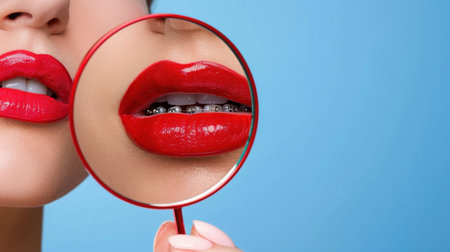This striking close-up image showcases glossy red lips adorned with dental braces, viewed through a circular makeup mirror against a soothing light blue backdrop.の素材